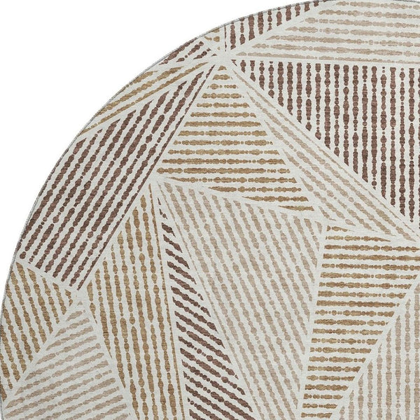 HomeRoots 8' Brown and Beige Geometric Round Rug - Washable, UV Protected, Durable Design for Busy Homes 651944