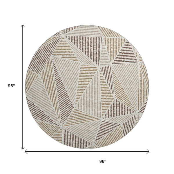 HomeRoots 8' Brown and Beige Geometric Round Rug - Washable, UV Protected, Durable Design for Busy Homes 651944