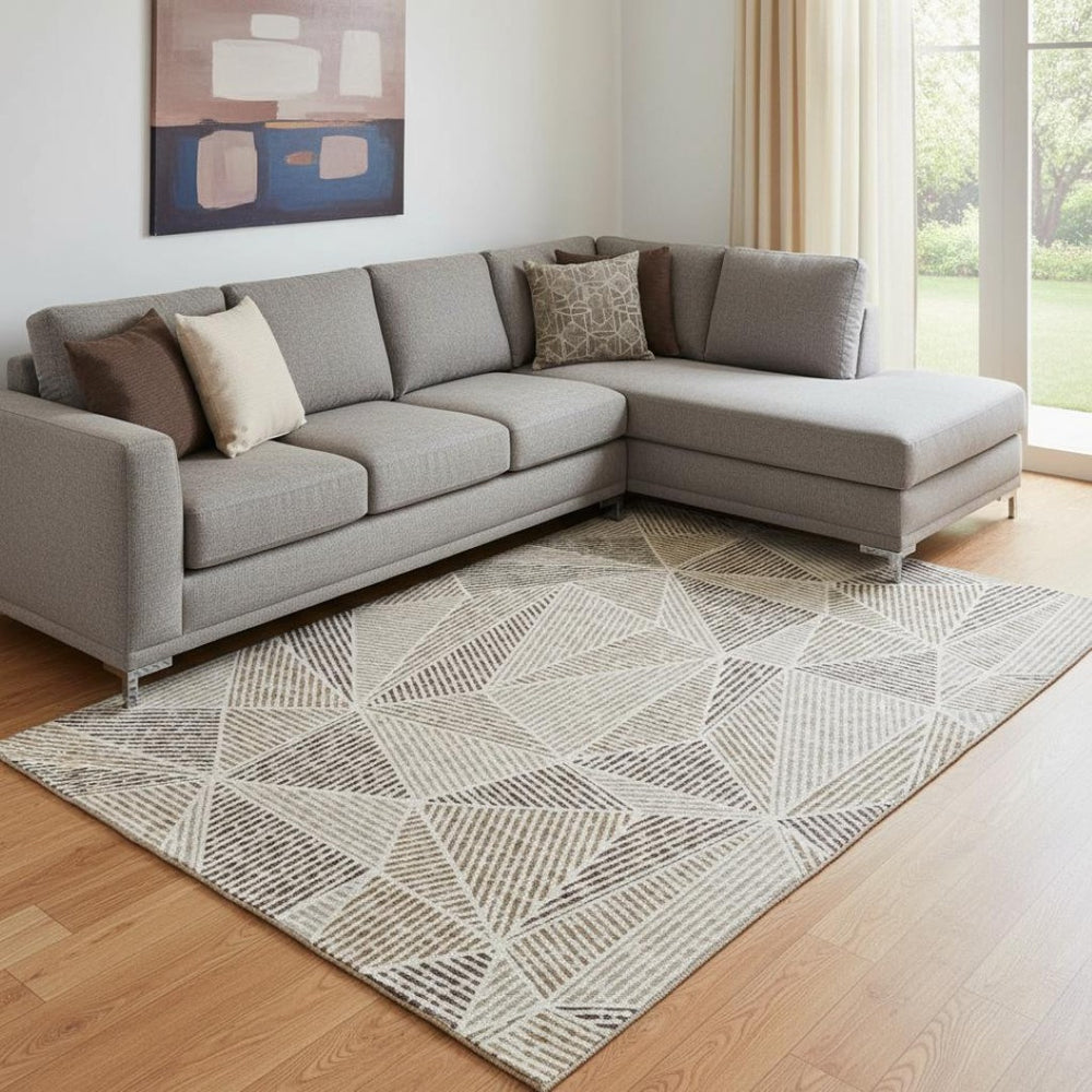 HomeRoots 10' X 14' Geometric Area Rug in Brown & Beige – Washable, UV-Protected, Durable for High-Traffic Spaces 651947