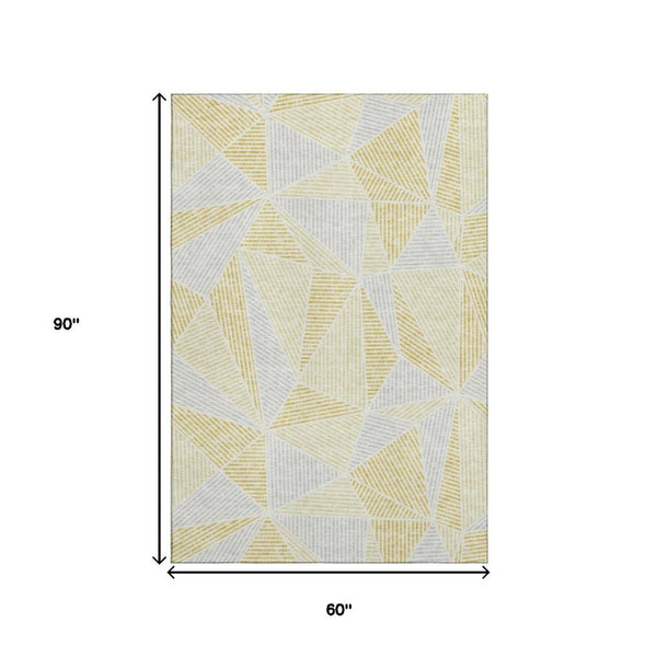 HomeRoots 5' X 8' Gold and Gray Geometric Area Rug - Washable, UV Protected, Durable, Stylish for Everyday Use 651949