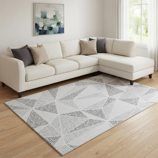 HomeRoots 9' X 12' Washable Gray & Silver Geometric Area Rug - Durable, UV-Protected, Modern Design for Homes 651958