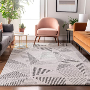 HomeRoots 9' X 12' Washable Gray & Silver Geometric Area Rug - Durable, UV-Protected, Modern Design for Homes 651958