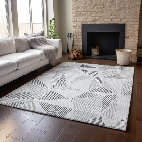 HomeRoots 9' X 12' Washable Gray & Silver Geometric Area Rug - Durable, UV-Protected, Modern Design for Homes 651958