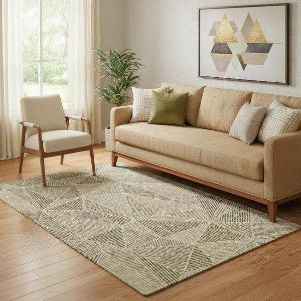 HomeRoots 5' X 8' Stylish Khaki & Beige Geometric Area Rug - Durable, Stain Resistant, UV Protected & Washable 651961
