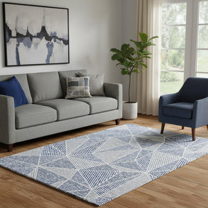 HomeRoots 5' X 8' Navy Blue and Ivory Geometric Area Rug – Washable, Stain-Resistant, UV Protected & Stylish! 651967