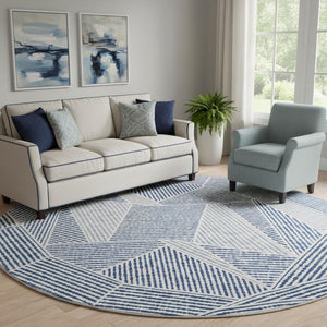 HomeRoots 8' Navy Blue & Ivory Geometric Washable Round Rug - Durable UV Resistant Design for High-Traffic Areas 651968