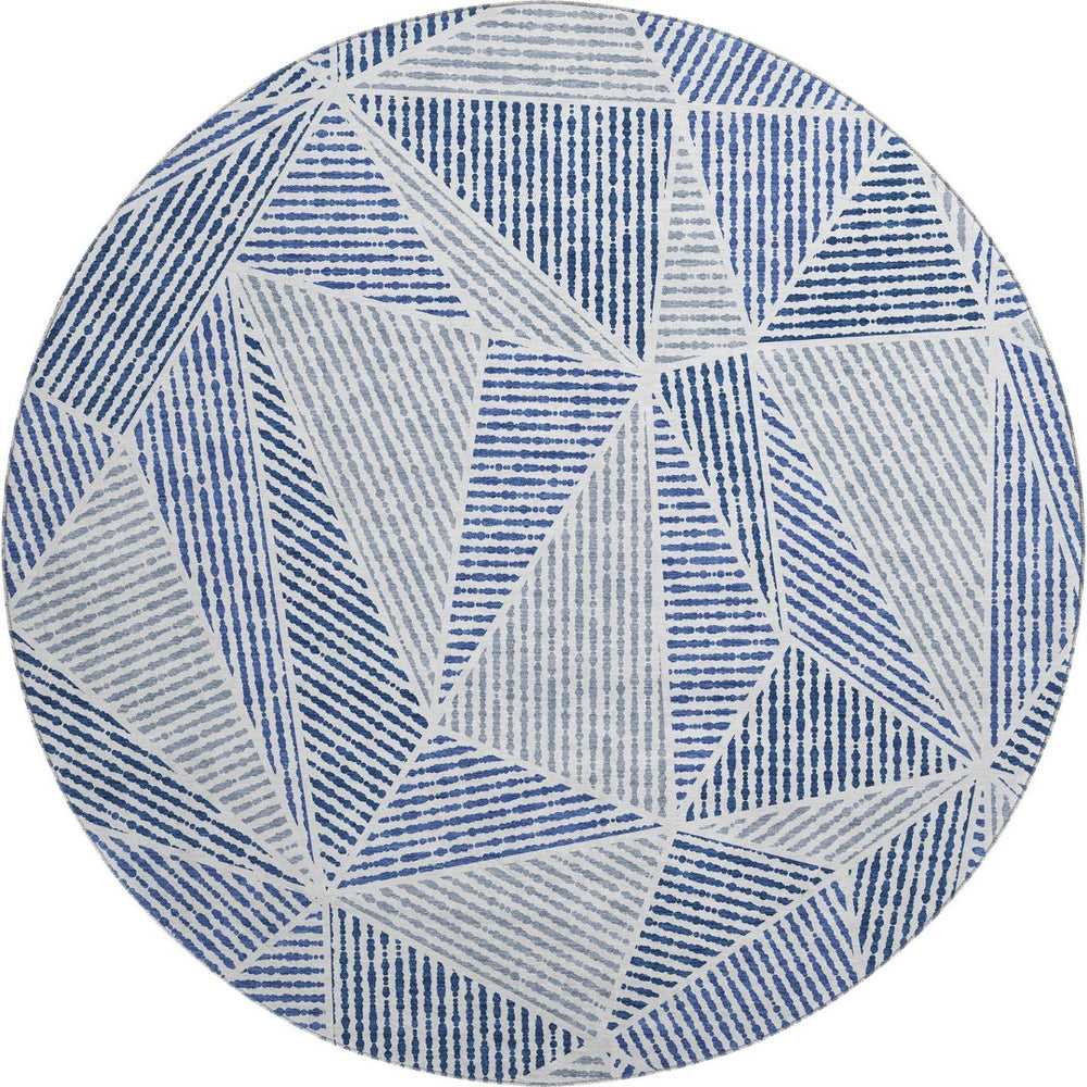HomeRoots 8' Navy Blue & Ivory Geometric Washable Round Rug - Durable UV Resistant Design for High-Traffic Areas 651968