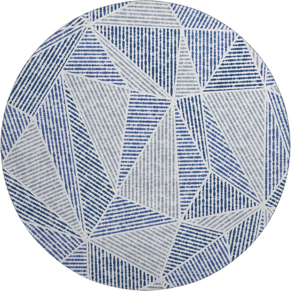 HomeRoots 8' Navy Blue & Ivory Geometric Washable Round Rug - Durable UV Resistant Design for High-Traffic Areas 651968