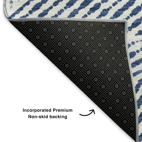HomeRoots 8' Navy Blue & Ivory Geometric Washable Round Rug - Durable UV Resistant Design for High-Traffic Areas 651968