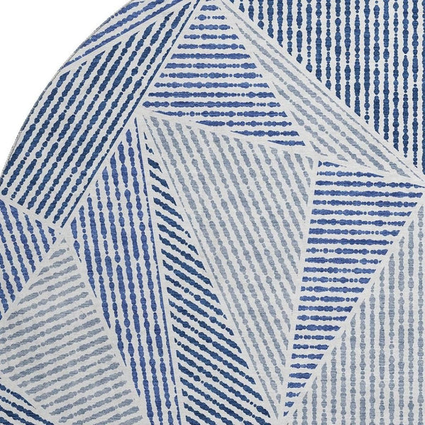 HomeRoots 8' Navy Blue & Ivory Geometric Washable Round Rug - Durable UV Resistant Design for High-Traffic Areas 651968