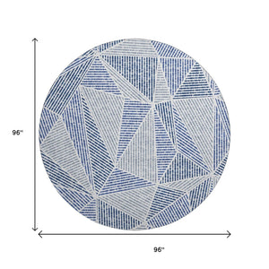 HomeRoots 8' Navy Blue & Ivory Geometric Washable Round Rug - Durable UV Resistant Design for High-Traffic Areas 651968
