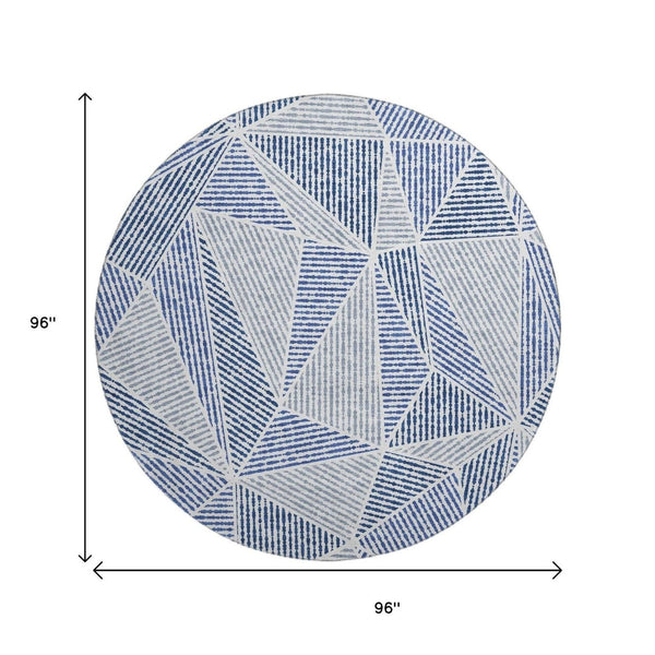 HomeRoots 8' Navy Blue & Ivory Geometric Washable Round Rug - Durable UV Resistant Design for High-Traffic Areas 651968