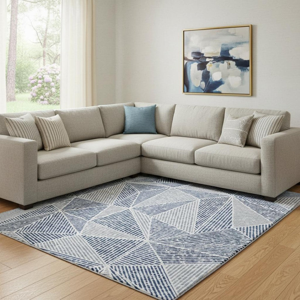 HomeRoots 8' X 10' Navy Blue Geometric Area Rug - Washable, UV Protected, Stain Resistant for Modern Spaces 651969