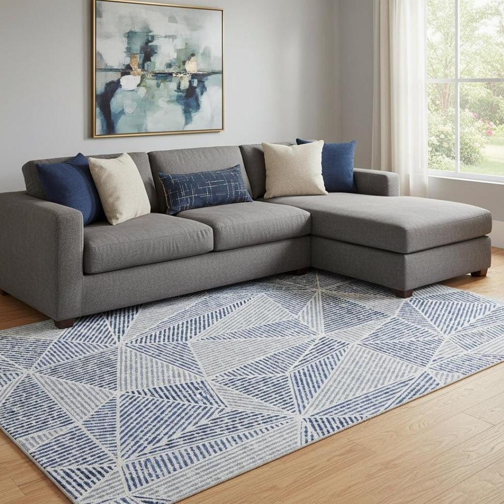 HomeRoots 9' X 12' Navy Blue & Ivory Geometric Area Rug – Washable, UV-Protected, Durable Design for Homes 651970