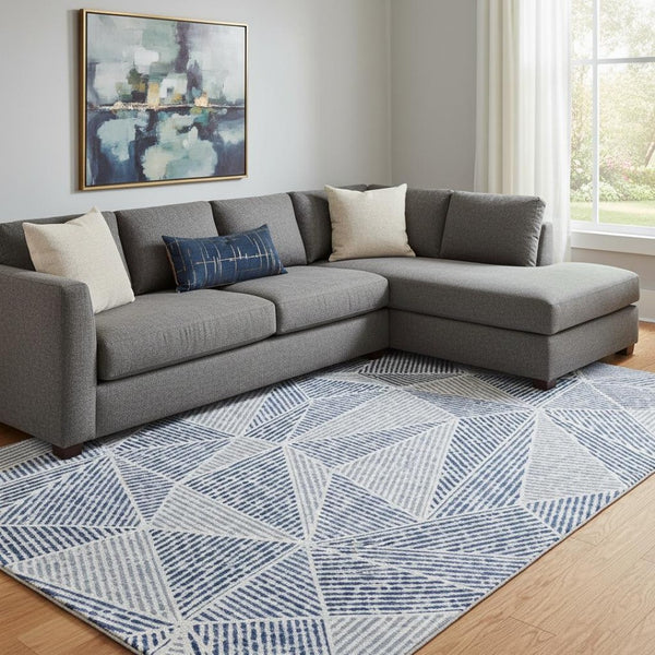 HomeRoots 10' Navy Blue & Ivory Geometric Area Rug - Durable, Washable, UV-Protected, Perfect for Busy Homes! 651971