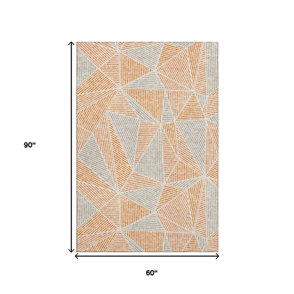 HomeRoots 5' Contemporary Orange and Gray Geometric Washable Area Rug with UV Protection for Busy Homes 651973