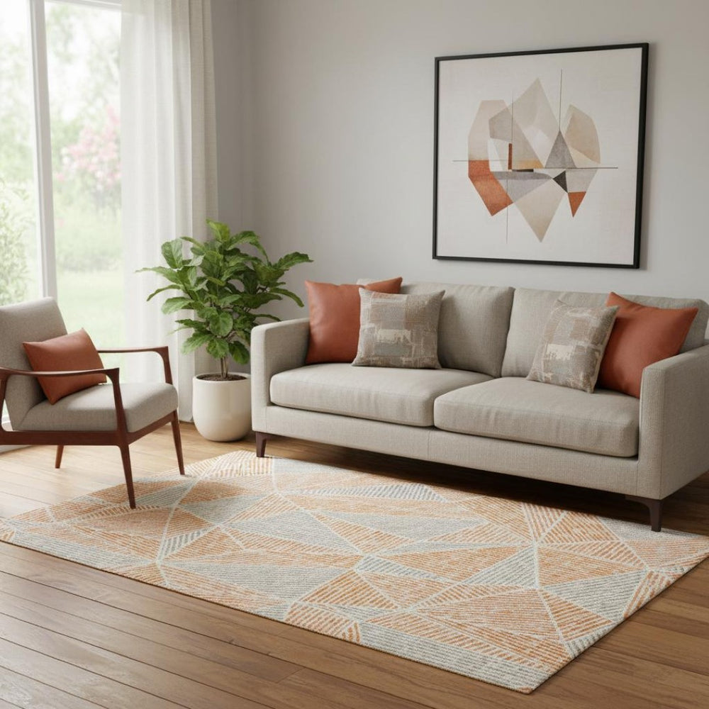 HomeRoots 5' Contemporary Orange and Gray Geometric Washable Area Rug with UV Protection for Busy Homes 651973