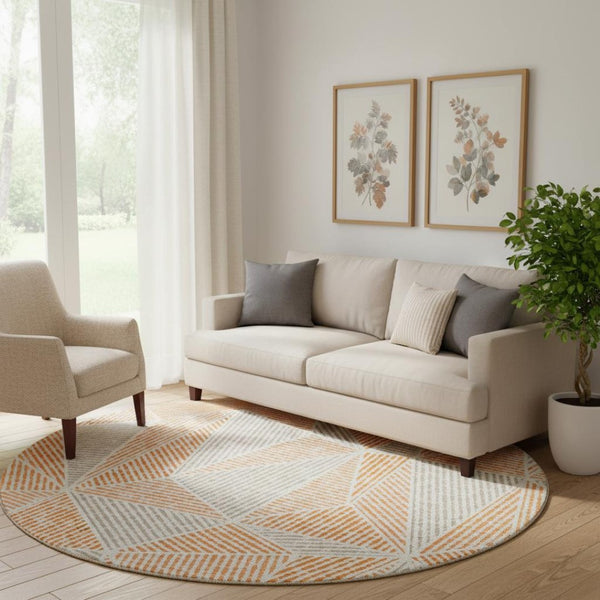 HomeRoots 8' Modern Orange and Gray Geometric Round Rug - Washable, UV Protected, Durable for Busy Homes 651974