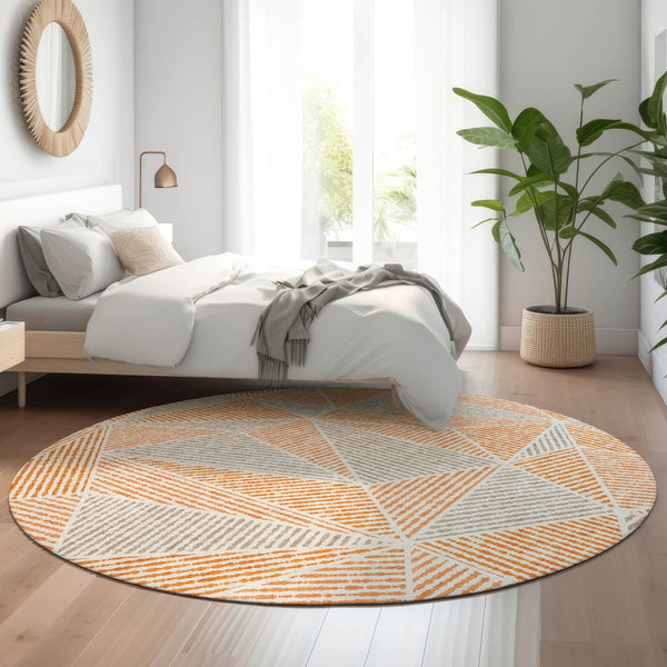 HomeRoots 8' Modern Orange and Gray Geometric Round Rug - Washable, UV Protected, Durable for Busy Homes 651974