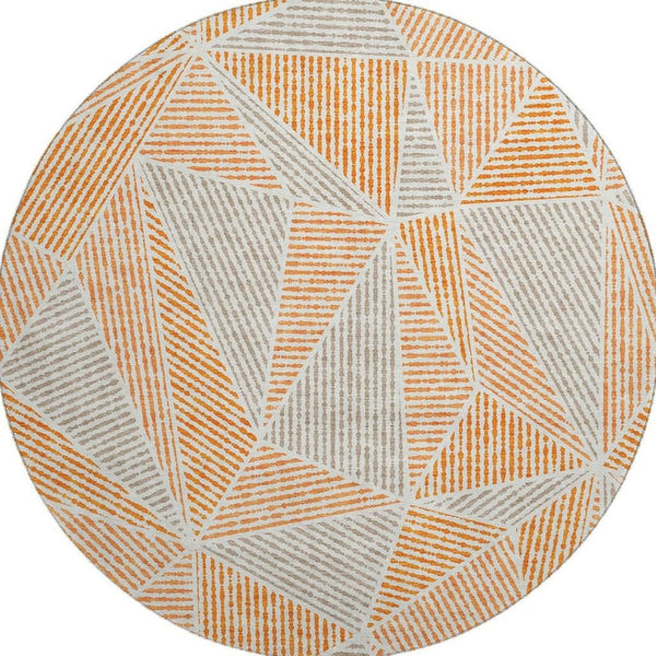 HomeRoots 8' Modern Orange and Gray Geometric Round Rug - Washable, UV Protected, Durable for Busy Homes 651974