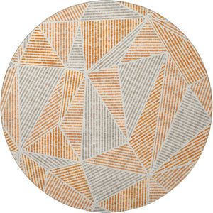 HomeRoots 8' Modern Orange and Gray Geometric Round Rug - Washable, UV Protected, Durable for Busy Homes 651974
