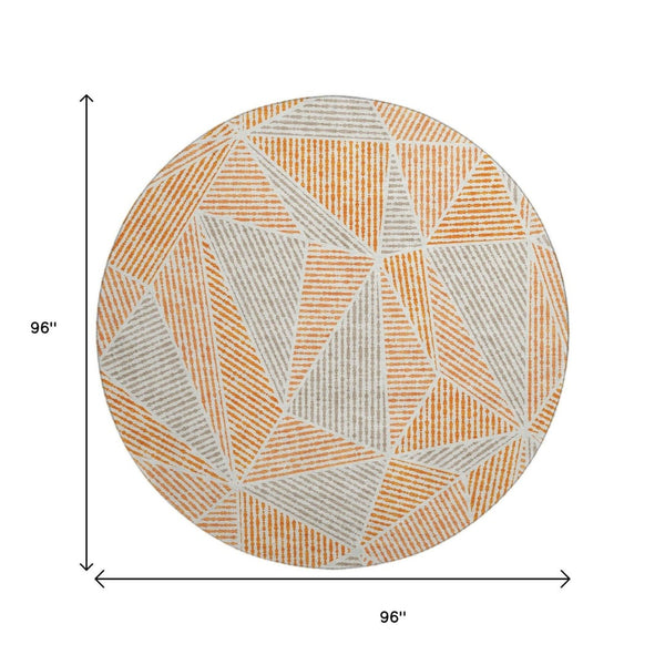 HomeRoots 8' Modern Orange and Gray Geometric Round Rug - Washable, UV Protected, Durable for Busy Homes 651974