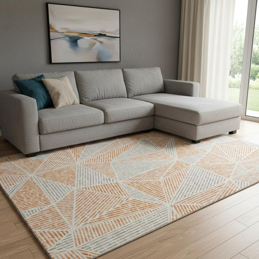 HomeRoots 9' X 12' Vibrant Orange and Gray Geometric Area Rug - Washable, UV-Protected, Perfect for Family Spaces! 651976
