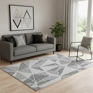 HomeRoots 5' X 8' Stylish Pewter & Silver Geometric Washable Area Rug with UV Protection for High Traffic Homes 651985