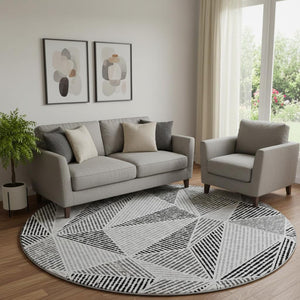 HomeRoots 8' Stylish Pewter and Silver Geometric Round Rug - Washable, UV Protected, Ideal for High-Traffic Areas 651986