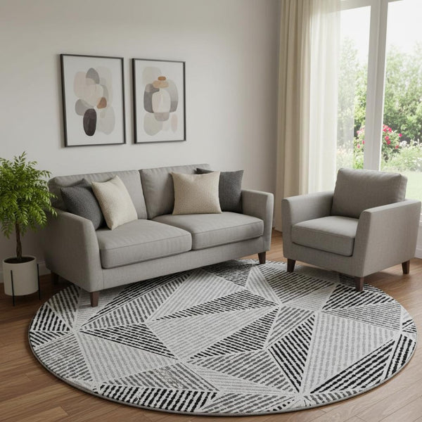 HomeRoots 8' Stylish Pewter and Silver Geometric Round Rug - Washable, UV Protected, Ideal for High-Traffic Areas 651986