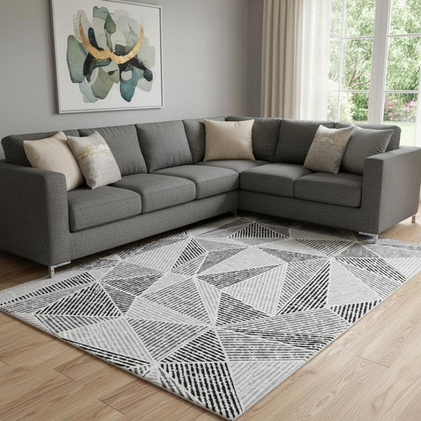 HomeRoots 9' X 12' Stylish Pewter & Silver Geometric Washable Area Rug with UV Protection for High-Traffic Homes 651988