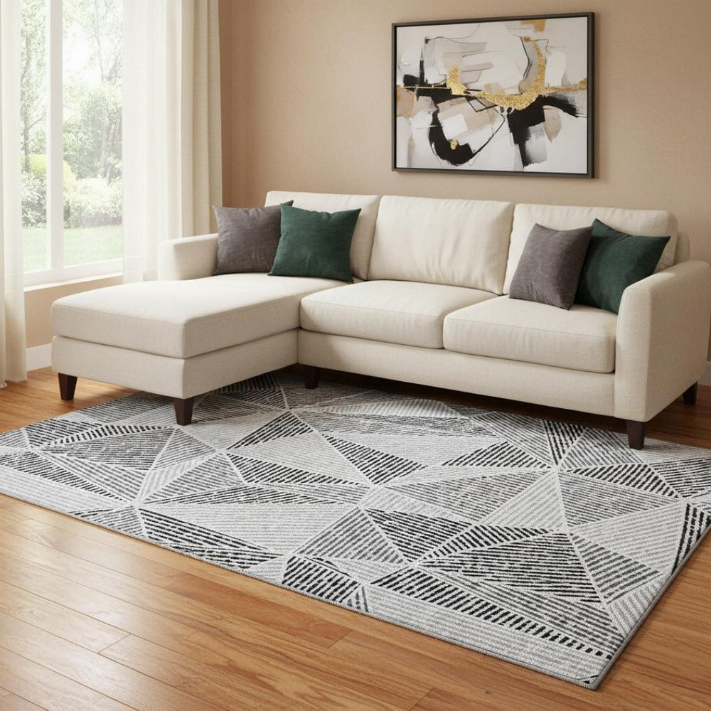 HomeRoots 10' X 14' Stylish Pewter & Silver Geometric Washable Area Rug with UV Protection for Modern Homes 651989