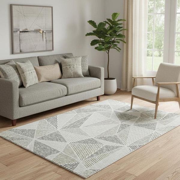 HomeRoots 5' X 8' Stylish Taupe and Silver Geometric Washable Area Rug with UV Protection for Modern Homes 651991