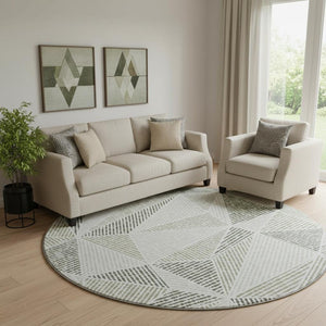 HomeRoots 8' Taupe and Silver Geometric Round Rug - Washable, UV-Protected, Modern Design for Any Space 651992