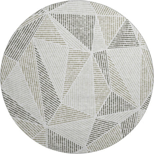 HomeRoots 8' Taupe and Silver Geometric Round Rug - Washable, UV-Protected, Modern Design for Any Space 651992