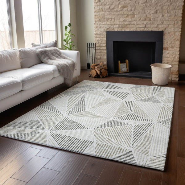 HomeRoots 8' X 10' Stylish Taupe and Silver Geometric Area Rug - Washable, UV-Protected, Durable & Easy Care! 651993