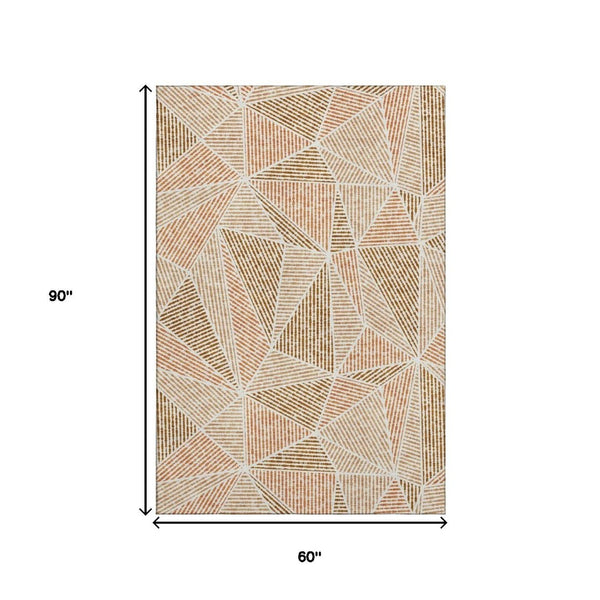 HomeRoots 5' X 8' Terra Cotta & Beige Geometric Area Rug – Washable, UV-Protected, Stain-Resistant for Durability 651997