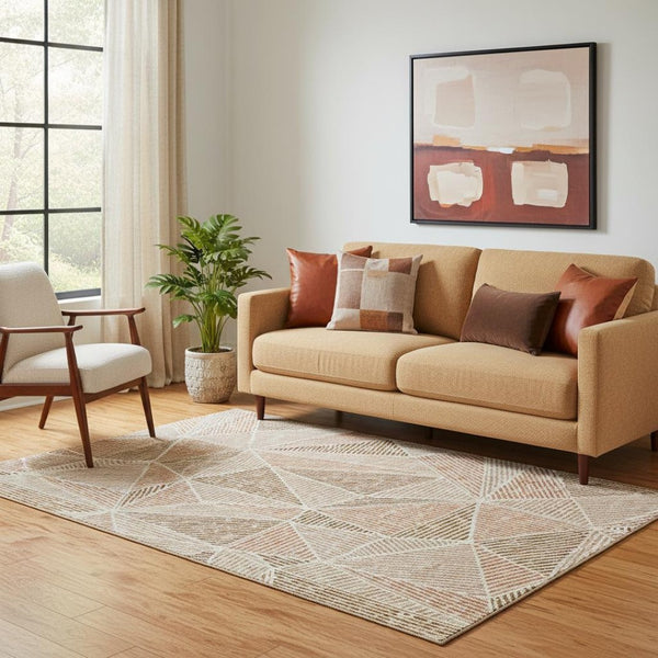 HomeRoots 5' X 8' Terra Cotta & Beige Geometric Area Rug – Washable, UV-Protected, Stain-Resistant for Durability 651997