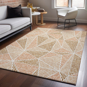 HomeRoots 5' X 8' Terra Cotta & Beige Geometric Area Rug – Washable, UV-Protected, Stain-Resistant for Durability 651997