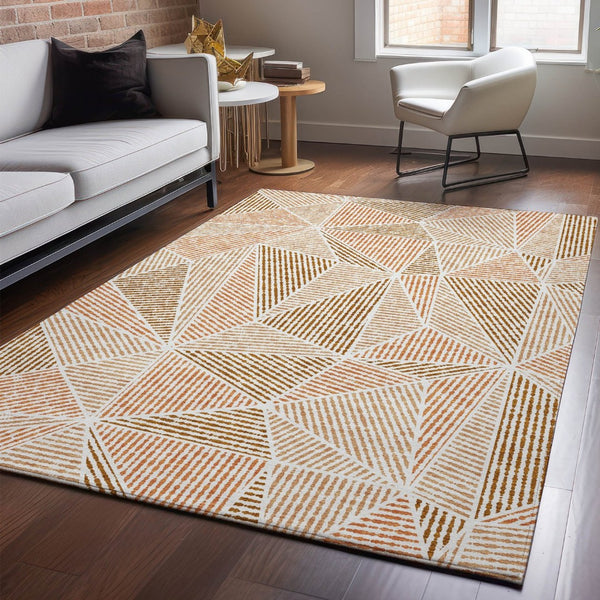 HomeRoots 5' X 8' Terra Cotta & Beige Geometric Area Rug – Washable, UV-Protected, Stain-Resistant for Durability 651997