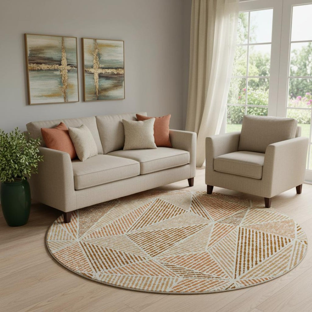 HomeRoots 8' Stylish Terra Cotta & Beige Round Rug - Washable, UV Protected, Perfect for Indoor/Outdoor Use! 651998