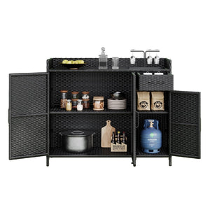 English Elm K&k Outdoor Wicker Bar Cabinet with Tempered Glass Top Adjustable Shelving and Drawer Black Brown N707P233745B
