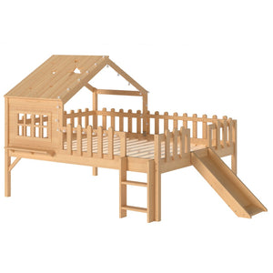 English Elm Twin Playhouse Loft Bed Solid Pine Frame with Slide Led Lights and Star Roof Natural W5316S00005