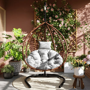 English Elm U_style Wicker Hanging Egg Chair with Stand Foldable Indoor Outdoor Swing Seat Brown+Gray N711P389502G