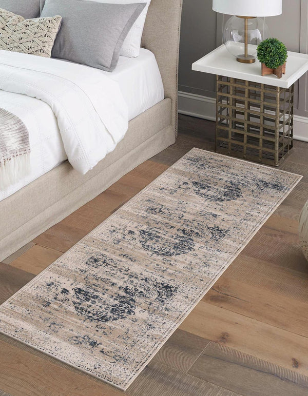 Unique Loom Chateau Hoover Machine Made Border Rug Dark Blue, Beige/Cream/Gray 3' 0" x 13' 1"