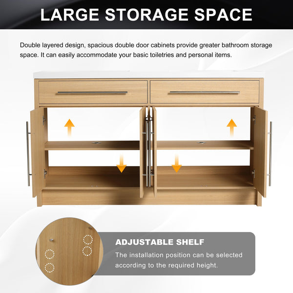 English Elm 60" Freestanding Bathroom Vanity with Dual Resin Sinks, Spacious Soft-Close Cabinet Storage, Durable Finish Oak W1972S00026