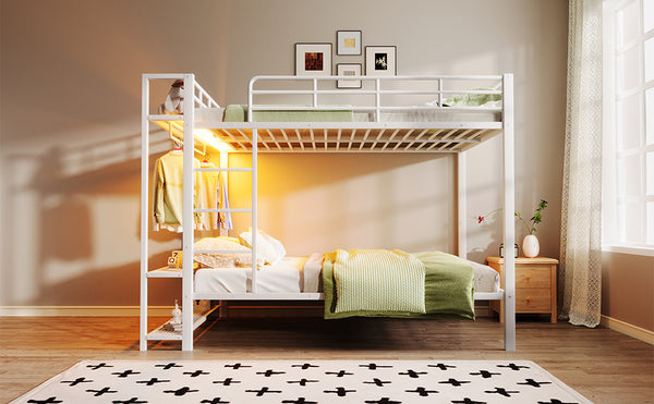 English Elm Full Size Metal Bunk Bed With Led Lights, Storage Shelves & Hooks - Stylish Space-Saver In White N7090000667K