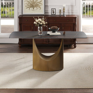 English Elm 63" Modern Artificial Stone Dining Table With Curved Black Panel And Bronze Iron Legs For 6-8 People W1535S00550
