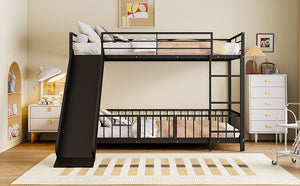 English Elm Twin Twin over Twin metal bunk bed with slide, guardrails and convertible loft design for safety and playfulness Black SF000169AAB