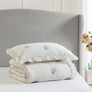 English Elm 2-piece Floral Embroidered Twin Quilt Set Romantic Ruffled Border Soft Down Alternative Fill White+Blue B035P463189
